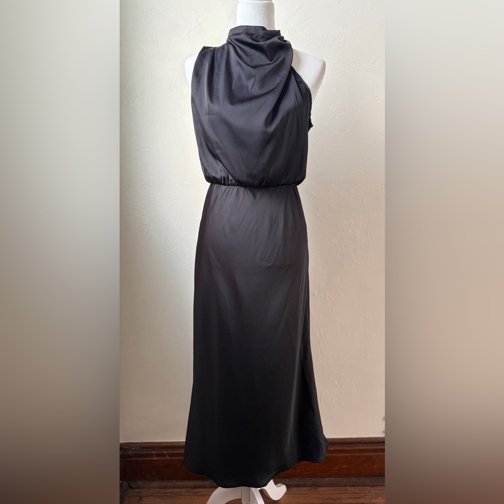 BTFBM Black Satin Halter Midi Maxi Dress Draped Neck Formal Event Small